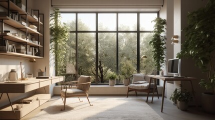 Wall Mural - Modern study room area home interior design and decoration ideas house beautiful background,home studio with natural day light with garden or park background,ai generate