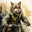 © Алла Морозова - Wolf in a green raincoat on a bicycle, watercolor, generation ai