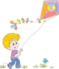 Wall Mural - Happy little boy playing with a flying colorful toy kite in a summer park on vacation, vector cartoon illustration isolated on white