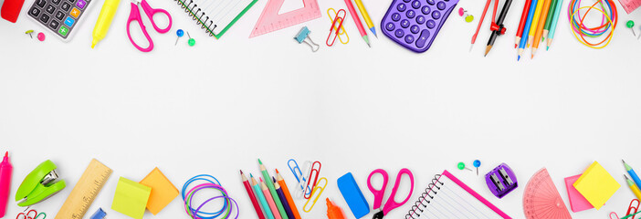School supplies double border. Above view on a white banner background. Copy space. Back to school concept.