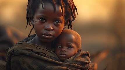 Two African poor children, close-up, in the village, 8K, AI generative