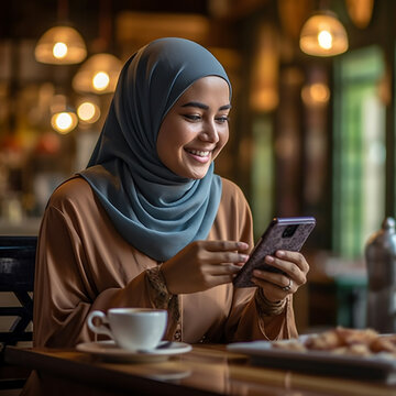 Wall Mural -  - Asian woman with hijab using smart phone in a cafe