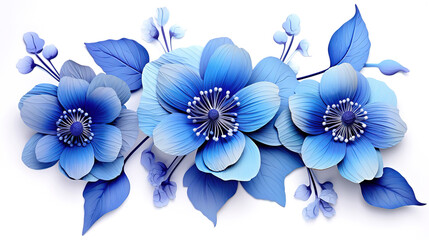 3 surreal exotic high quality blue flowers macro isolated on white. generative ai