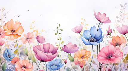 Wall Mural - Natural background with watercolor flowers. Generative Ai