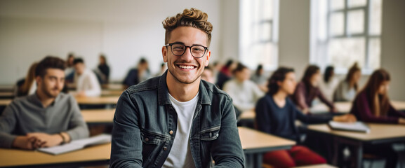Portrait of a smiling young university male student in the classroom. Generative AI