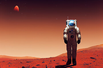 Sticker - Ravishing digital illustration of Mars landscape feature with red surface and mountain with astronaut. Space exploration and martian on red planet concept by generative AI.