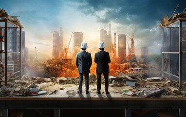 Wall Mural - Asian two business man construction engineers supervising progress of construction project at