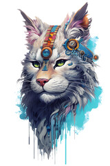 Mystical Maine coon cat with spiritual feather fur and colorful drops, Generative AI