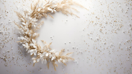 Layflat of Wintery white and gold natural wreath with white flowers on white snowy background