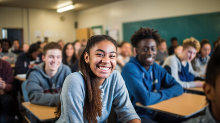 Wall Mural - Happy teenage students in the classroom. Generative AI