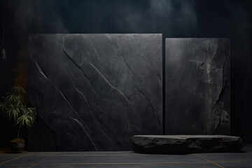 wall with stage for product display on dark background. dark stone podium, minimalism style.