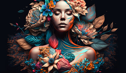 Woman body made of flowers on light studio background. Isolated natural character design concept