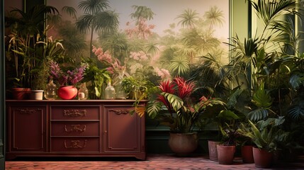 Poster -  a room filled with potted plants and a dresser in front of a painting.  generative ai