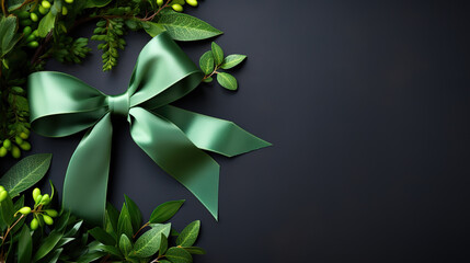 Top view of green color ribbon with tree leaf on dark background, Gall bladder. Generative Ai