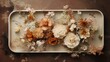 © Anna - a white tray with flowers on it on a brown surface.  generative ai