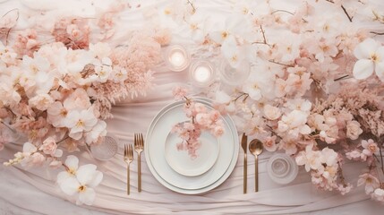 Poster -  a table set with a white plate and flowers on it.  generative ai