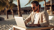 © mr_marcom - Handsome businessman entrepreneur working on laptop at the beach - Generative AI