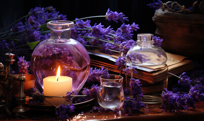  Aromatherapy, lavender bouquet, lit candles on the table.