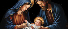 Christmas Nativity Scene With Virgin Mary, Father Joseph, And Jesus Christ Baby, Generative AI Illustration
