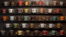  A Wall Full Of Coffee Cups Sitting On Top Of A Shelf.  Generative Ai