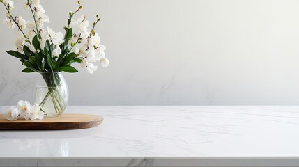 Wall Mural -  a glass vase with white flowers on a marble table top.  generative ai