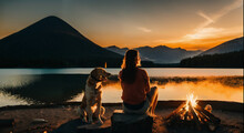 Campfire Friends Solo Travel: Woman And Dog - Bond Between Man And Dog Concept
