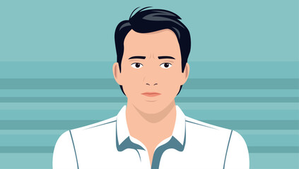 Male person face and upper body portrait - Vector illustration of man with regular face expression and white shirt. Flat design