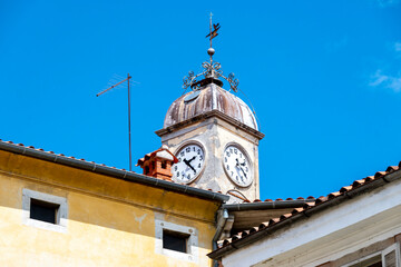 Wall Mural - Beautiful, old church tower with clock showing time in the wonderful town of Labin, located on istrian peninsula, Croatia