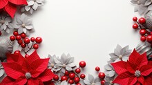  A White And Red Christmas Background With Poinsettis.  Generative Ai