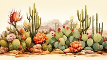  A Painting Of A Desert Scene With Cactus And Cacti.  Generative Ai