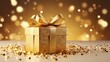 © Shanti - a gold gift box with a gold ribbon and a bow.  generative ai