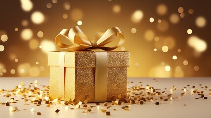  a gold gift box with a gold ribbon and a bow.  generative ai