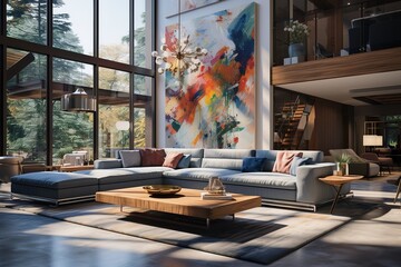 Wall Mural - Artistic Beautiful living room interior in new luxury home with open concept floor plan. Shows kitchen, dining room, and wall of windows with amazing exterior