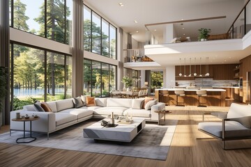 Wall Mural - Modern living room interior in new luxury home with open concept floor plan. Shows kitchen, dining room, and wall of windows with amazing exterior