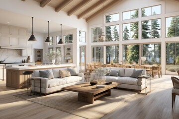 Wall Mural - Scandinavian living room interior in new modern home with open concept floor plan. Shows kitchen, dining room, and wall of windows with amazing exterior