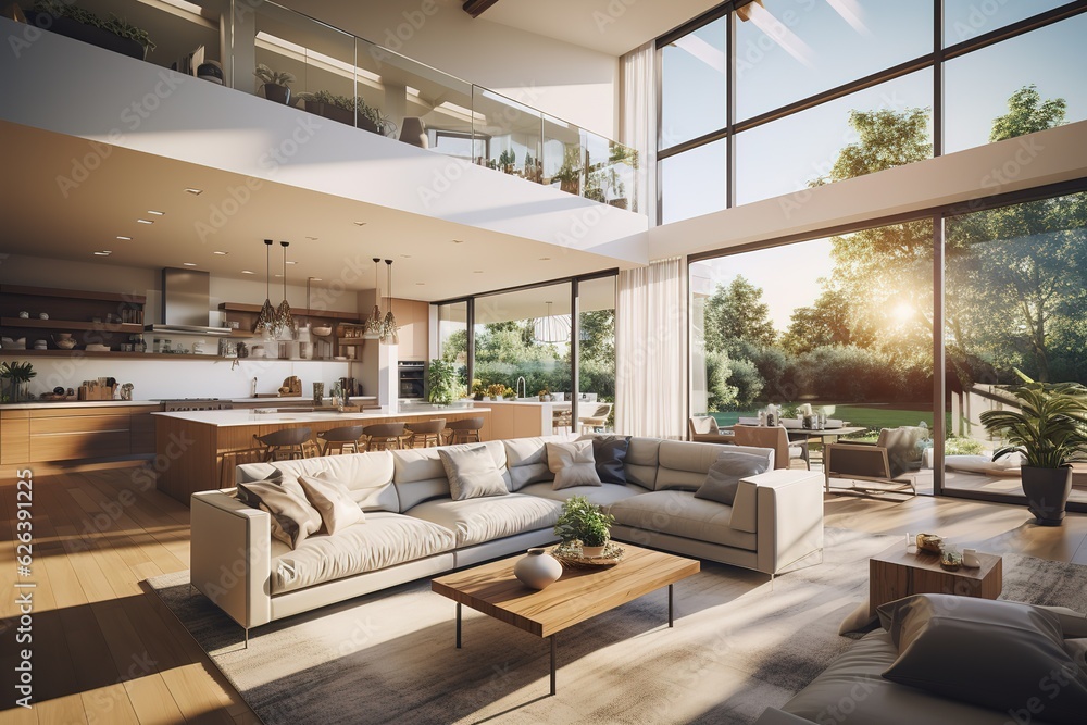 View of Beautiful Scandinavian living room interior in new luxury home with ...