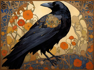 Decorative art nouveau illustration of a crow in profile in an ornate floral frame background