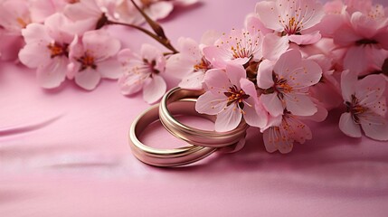  two gold wedding rings on a pink background with cherry blossoms.  generative ai