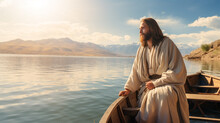 Jesus Christ Is Sitting In A Boat In The Middle Of The Lake. Christian Religious Background, Banner.