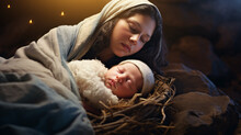 Christmas. Jesus Christ In The Manger, The Virgin Mary. Christian Christmas Illustration, Banner, Background.