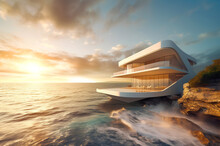Exterior Of Modern Luxury Minimalist White Villa With Swimming Pool On A Cliff By The Sea Water At Sunset. Rich House With Round Curved Shapes. Created With Generative Ai