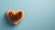  A Wooden Heart With Two Pine Cones In It On A Blue Background.  Generative Ai