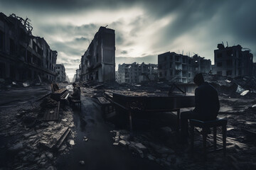 Wall Mural - man playing piano in an abandoned street of a destroyed town