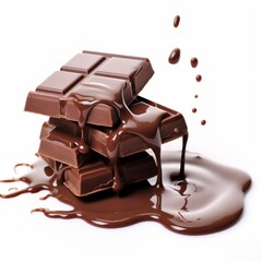 Wall Mural - Melted chocolate pouring into a piece of chocolate bars isolated on white background