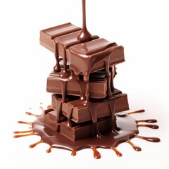 Wall Mural - Melted chocolate pouring into a piece of chocolate bars isolated on white background