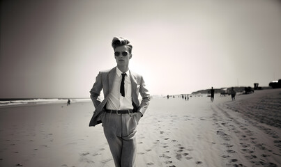 Wall Mural - Model in a suit walking on the beach, black and white model on beach