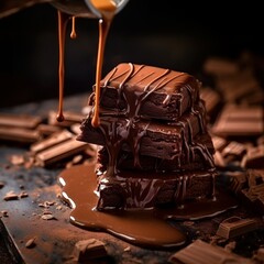 Wall Mural - Melted chocolate pouring into a piece of chocolate bars