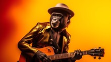 Chimpanzee Rock Musician Playing Guitar. Monkey Playing Electric Guitar. Generative AI