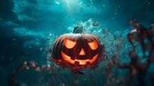 Halloween Pumpkin Swimming Underwater. Generative AI