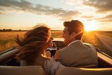 A Couple In Love Riding In An Open-top Car At Sunset. Man And Woman, Back View, Traveling In A Vintage Car. Creative Concept Of A Romantic Tour For Two.